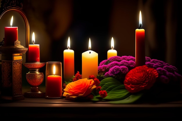 Candles and flowers are lit up in a dark room.