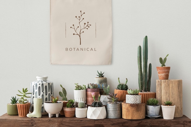 Free photo canvas poster hanging over a shelf full of cacti and succulents