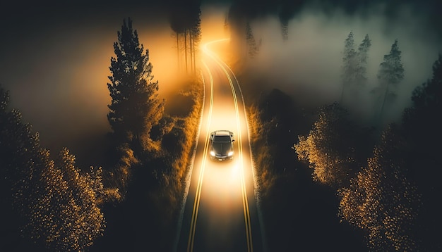 The car is driving on the road at night in the forest