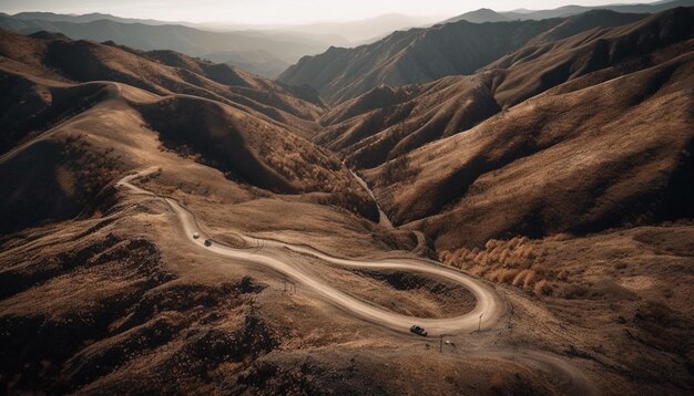 A car journeys through panoramic mountain range generated by AI