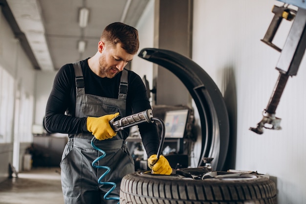 Free Photo car mechanic changing wheels in car