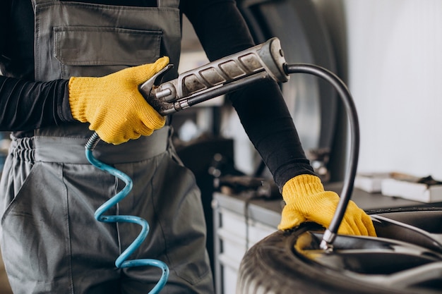 Free Photo car mechanic changing wheels in car