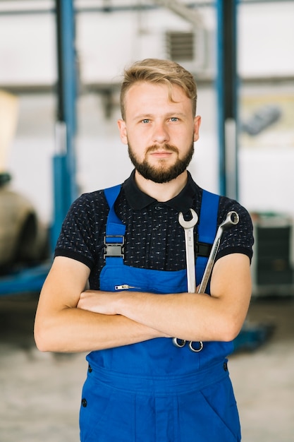 Car mechanic crossing hands 