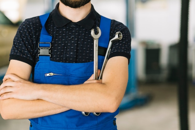 Car mechanic with spanners