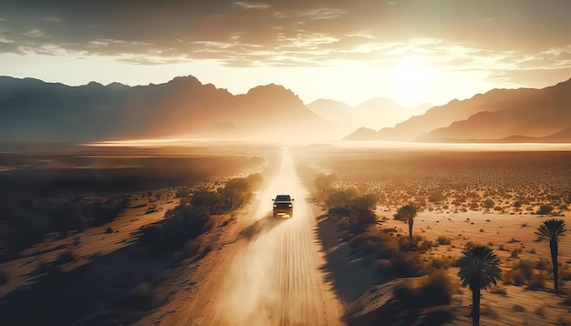 Car traveling through the desert dusty road under the sun