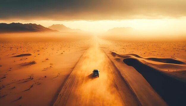 Car traveling through the desert dusty road under the sun