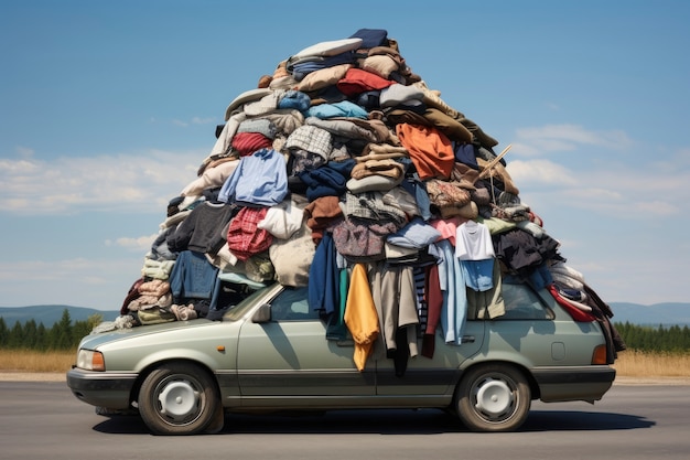 Car with clothes pile on top of it