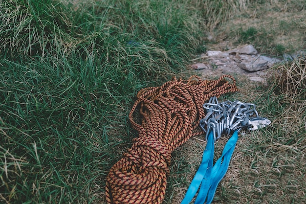 Carabiners and rope on the ground