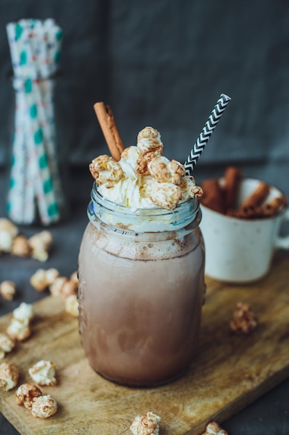 Caramel Popcorn Cacao with Whipped Cream Unhealthy food