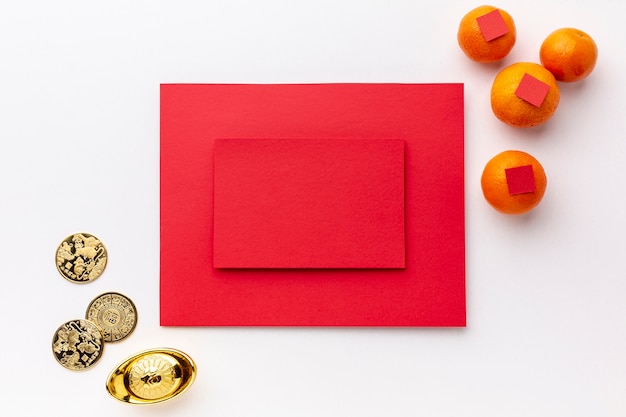 Free Photo card mock-up with golden coins chinese new year