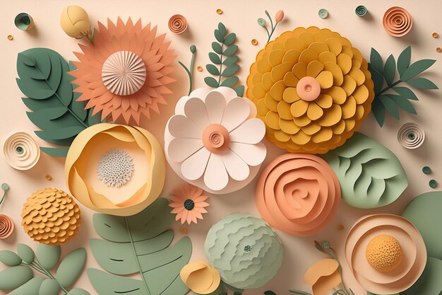 Cardboard flowers on beige background and copyspace