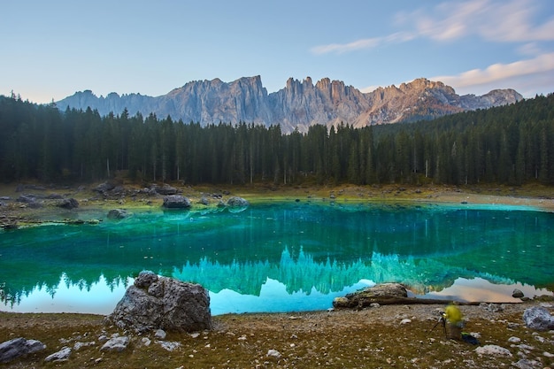 Carezza lake Lago di Carezza Karersee with Mount Latemar Bolzano province South tyrol Italy