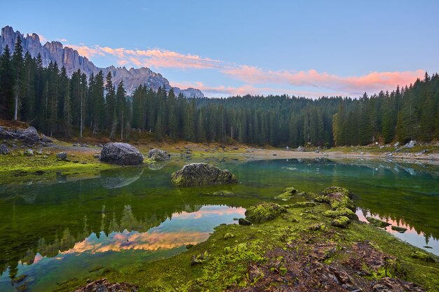 Carezza lake Lago di Carezza Karersee with Mount Latemar Bolzano province South tyrol Italy