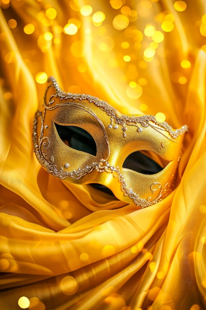 Free Photo carnival party backgroundvenetian mask on yellow glitter background copy space