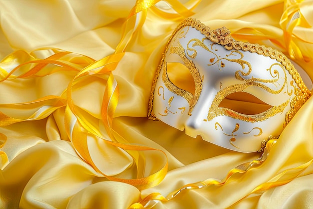 Free Photo carnival party backgroundvenetian mask on yellow glitter background copy space