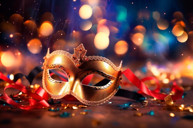 Free photo carnival partyvenetian mask with colorful and abstract defocused bokeh lights copy spaqce