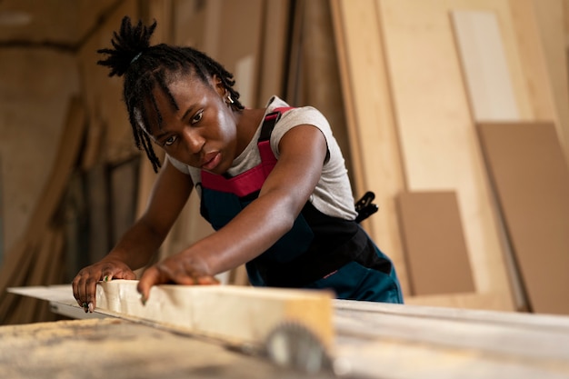 Carpenter cutting mdf board inside workshop