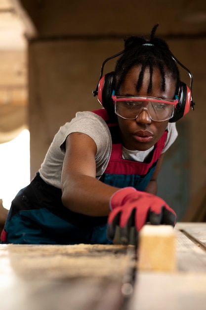 Carpenter cutting mdf board inside workshop