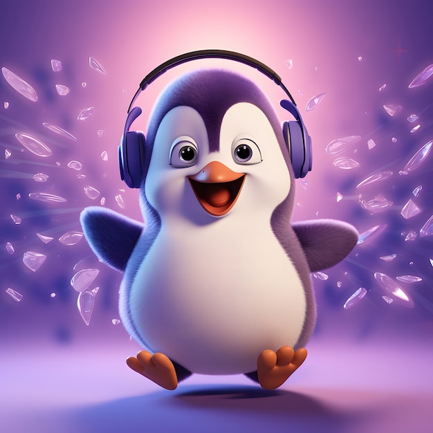 Free Photo cartoon animated penguin with headphones