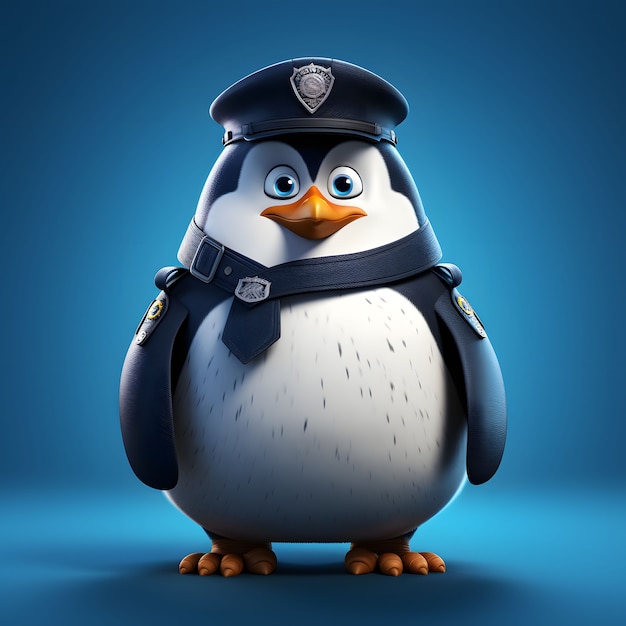 Cartoon animated penguin with police officer outfit