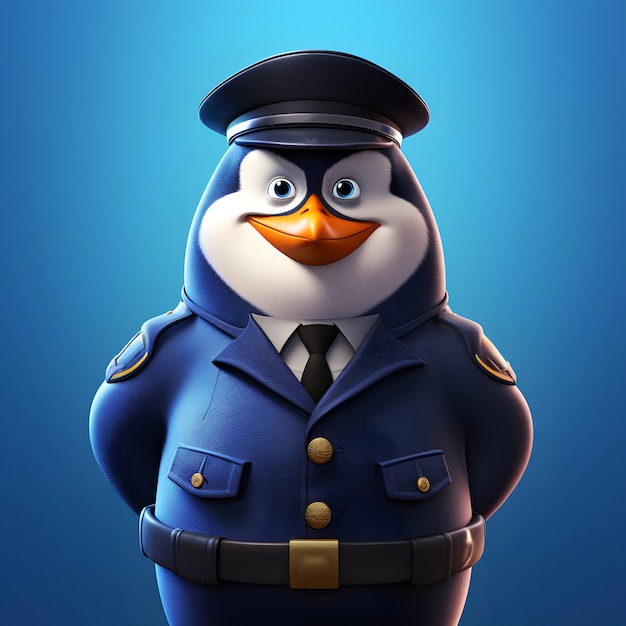 Cartoon animated penguin with police officer outfit