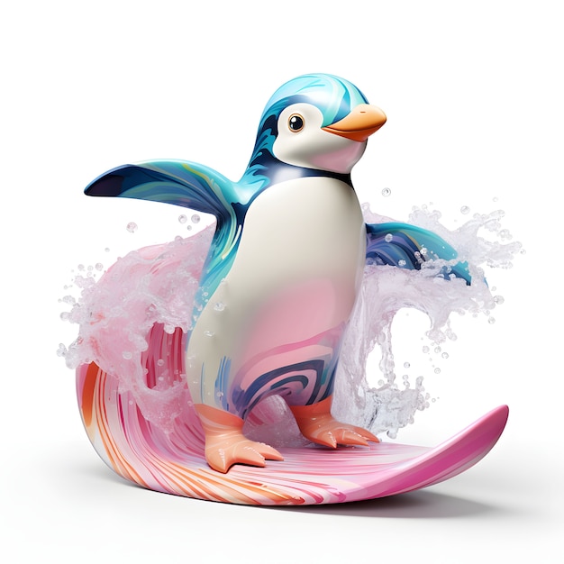 Free photo cartoon animated penguin with surfboard