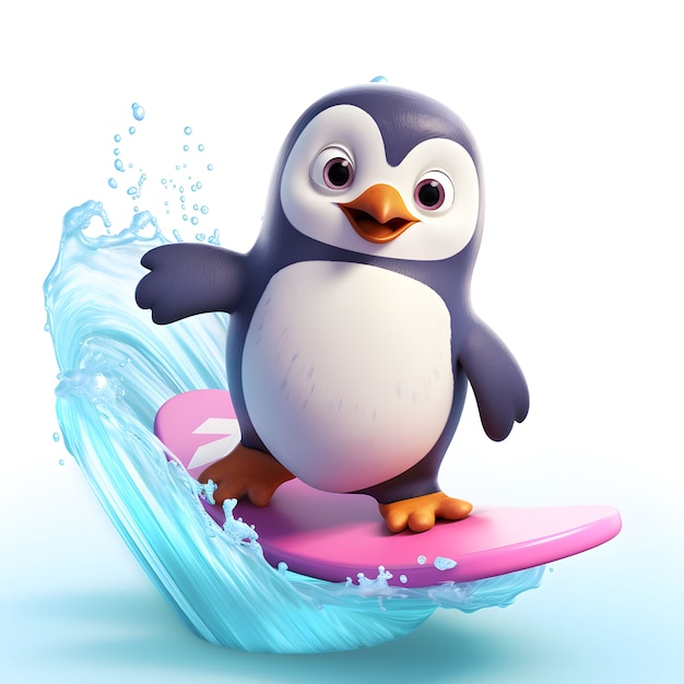 Free photo cartoon animated penguin with surfboard