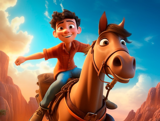 Free photo cartoon character horse riding illustration