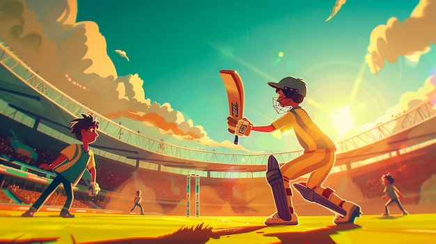 Cartoon character playing cricket game on the field