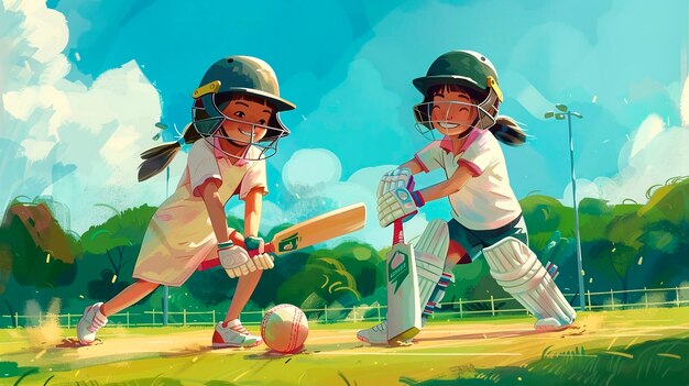 Cartoon character playing cricket game on the field