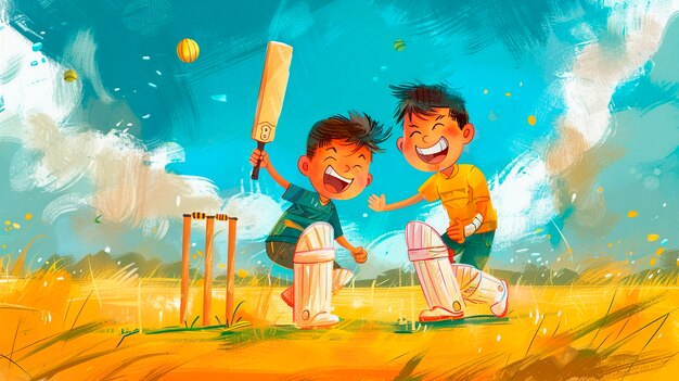 Cartoon character playing cricket game on the field