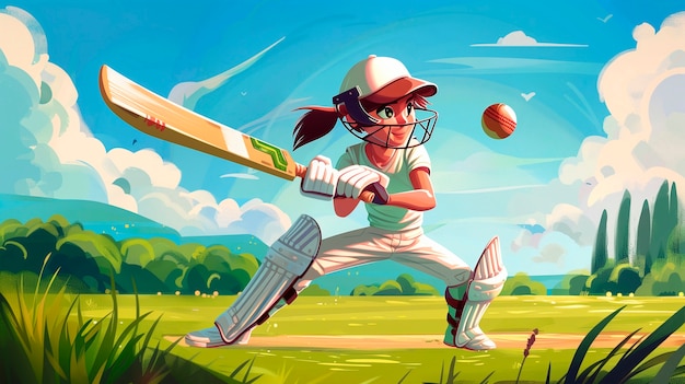 Cartoon character playing cricket game on the field