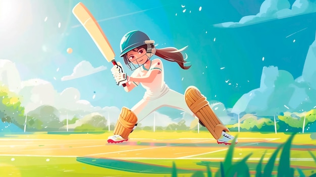 Cartoon character playing cricket game on the field