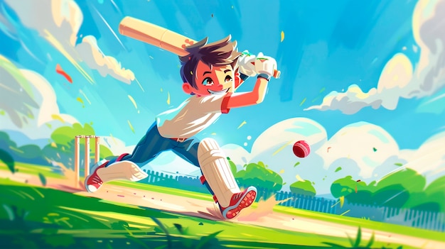 Cartoon character playing cricket game on the field