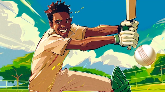 Cartoon character playing cricket game on the field