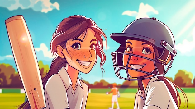 Free photo cartoon character playing cricket game on the field