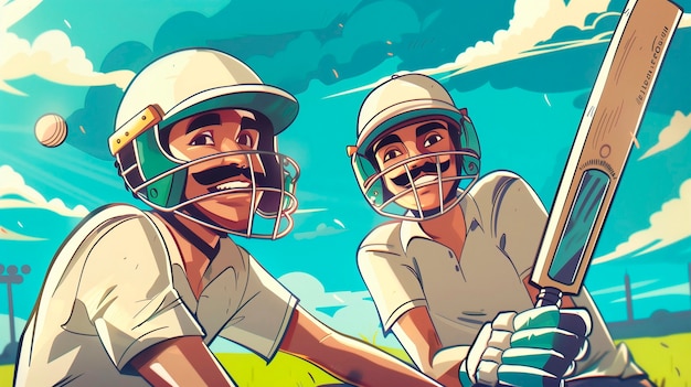 Free photo cartoon character playing cricket game on the field