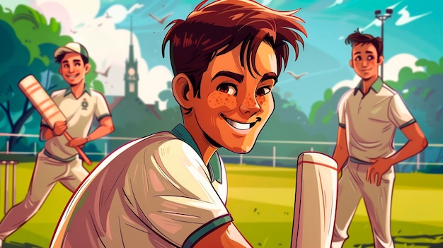 Cartoon character playing cricket game on the field