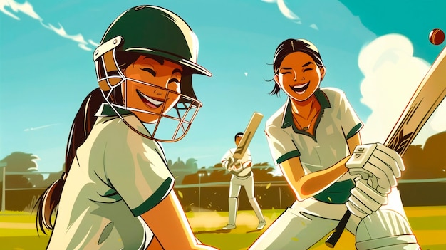 Cartoon character playing cricket game on the field