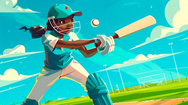 Cartoon character playing cricket game on the field