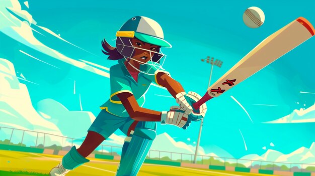 Cartoon character playing cricket game on the field