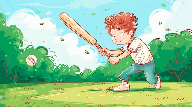 Free photo cartoon character playing cricket game on the field