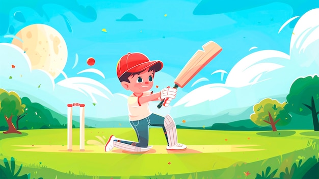 Free photo cartoon character playing cricket game on the field