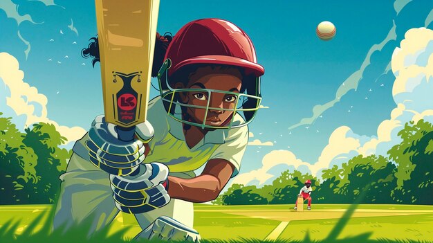 Cartoon character playing cricket game on the field