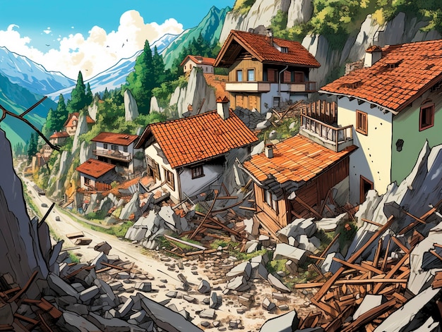 Cartoon comic style earthquake scene