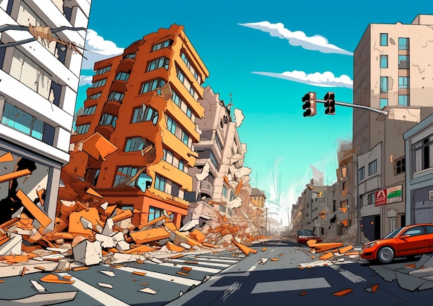 Cartoon comic style earthquake scene