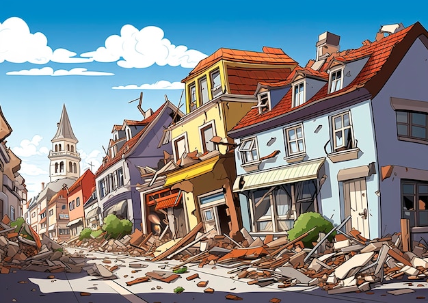 Cartoon comic style earthquake scene