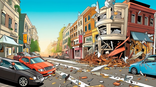 Cartoon comic style earthquake scene