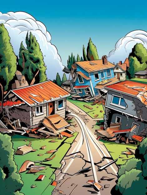 Free Photo cartoon comic style earthquake scene