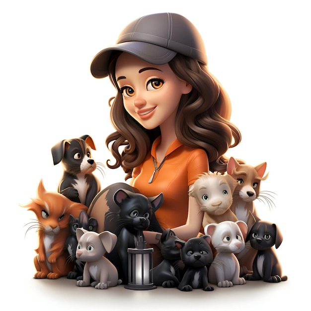 Free photo cartoon girl with her pets on white background 3d rendering